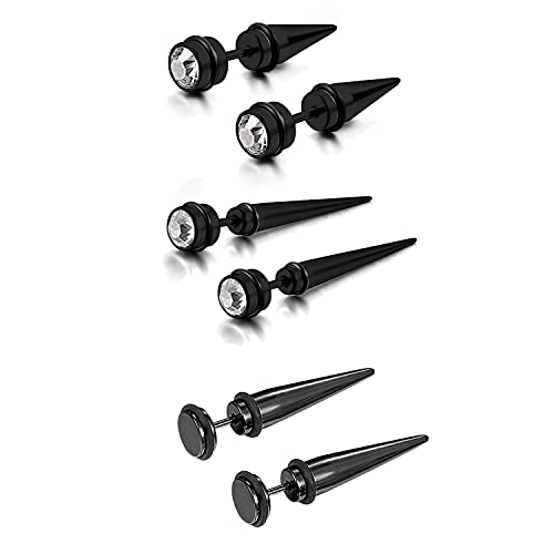 Bulckrew 3 Paare Ohrstecker Edelstahl Spitze Nieten Strass Orhrringe Fake Plug Herren Damen, Schwarz von Bulckrew