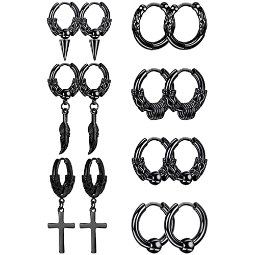 Bulckrew 7 Paare Schwarze Creolen Ohrringe mit Anhänger aus Edelstahl Set Retro Drachenmuster Ohrpiercing mit Feder Kreuz Ohrhänger für Damen Herren Unisex von Bulckrew