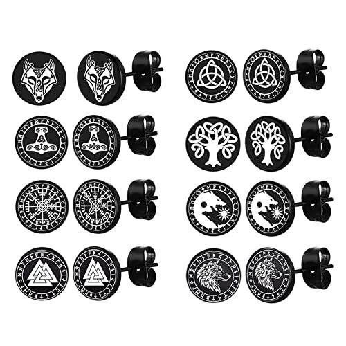 Bulckrew 8 Paare Ohrstecker Set Herren Edelstahl Viking Thor's Hammer Wolf Kopf Baum des Lebens Keltischer Knoten Dreieck Ohrringe Ohr Piercing Schwarz von Bulckrew