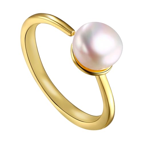 Bulckrew Damen Ring Gold mit Perle Offen: Goldring aus Edelstahl mit Süßwasserzuchtperle Damenring Ehering Trauringe Promise Ringe Fingerring Stapelring Geschenk für Frauen Mädchen von Bulckrew