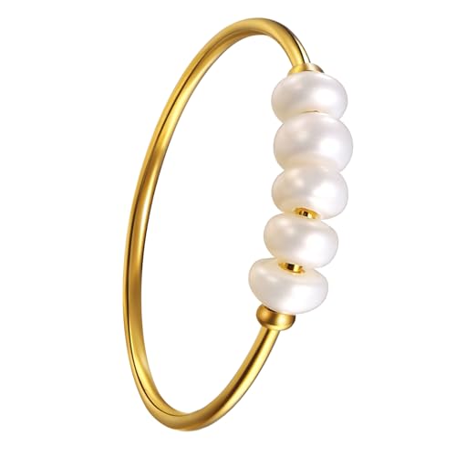 Bulckrew Damen Ring Gold mit Perlen aus Edelstahl: Goldring mit Süßwasserzuchtperle Damenring Ehering Trauringe Promise Ringe Fingerring Stapelring Geschenk für Frauen Mädchen Größe 54 von Bulckrew