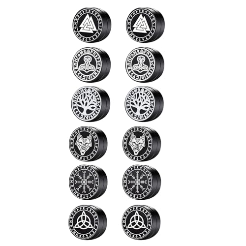 Bulckrew Herren Magnet Ohrringe Wikinger: 6 Paare Magnetische Ohrstecker Kreis Viking Gothic Stil Schwarz Fake Studs Piercing Stecker aus Edelstahl Lebensbaum Wolf Geschenk für Männer von Bulckrew