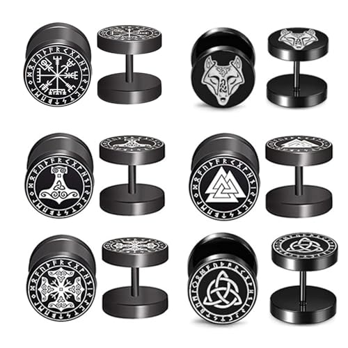 Bulckrew Herren Ohrringe Wikinger Ohrstecker: 6 Paare Ohr Stecker Kreis Viking Gotik Stil Schwarz Studs Piercing aus Edelstahl Lebensbaum Wolf Keltischer Knoten Geschenk für Männer von Bulckrew