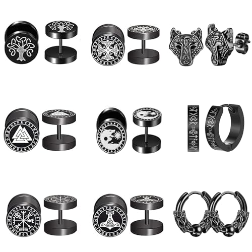 Bulckrew Herren Ohrringe Wikinger Ohrstecker: 9 Paare Ohr Stecker Kreis Creolen Viking Gotik Stil Schwarz Studs Piercing aus Edelstahl Lebensbaum Drachen Wolf Geschenk für Männer von Bulckrew
