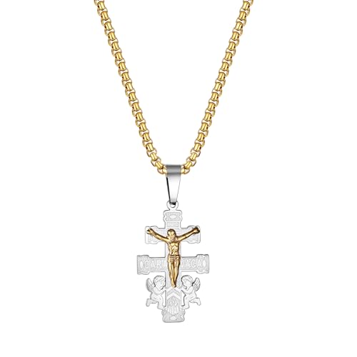 Bulckrew Kreuz Caravaca Halskette Edelstahl: Gold Venezianische Kette mit Engel Jesus Kreuz Anhänger Religiöser Amulett Kruzifix Cross Geschenk für Familie Freunde von Bulckrew