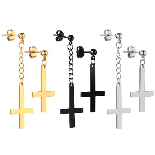 Bulckrew Kreuz Ohrringe Hängend asymmetrisch: 3 Paare Ohrstecker Set aus Edelstahl mit Kreuzkette Anhänger für Damen Herren Gothic umgekehrte Kreuzkettenohrringe Unisex Silber Schwarz Gold Ohrhänger von Bulckrew