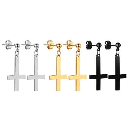 Bulckrew Kreuz Ohrringe Hängend aus Edelstahl: 3 Paare Ohrstecker Set mit Kreuz Anhänger für Damen Herren Gothic umgekehrte Kreuzohrringe Unisex Silber Schwarz Gold Ohrhänger von Bulckrew