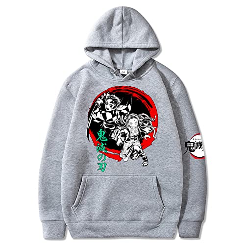 Bulex Unisex Baumwollmischung Demon Slayer Anime Pullover Sweatshirt Kapuzenpullover mit Fronttasche, Grau 4, S-M von Bulex