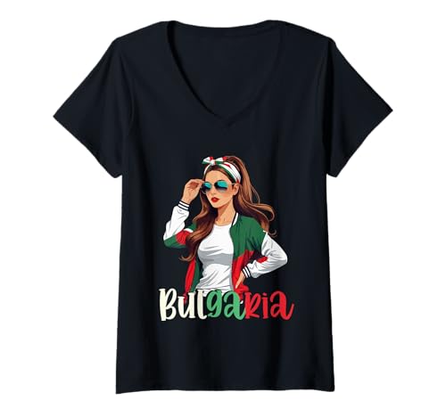 Damen Bulgarien Flagge Frau Sonnenbrille Mädchen T-Shirt mit V-Ausschnitt Damen Bulgarien Flagge Frau Sonnenbrille Mädchen T-Shirt mit V-Ausschnitt von Bulgarische Nationalstolz Länder Bulgarien