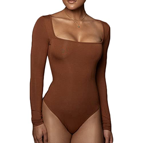 Buliezy Body Dame Langarm Bodysuits mit Elegant Slimming Jumpsuit Stringbody Dünnes Vlies Warm Unterhemden,Braun,L von Buliezy