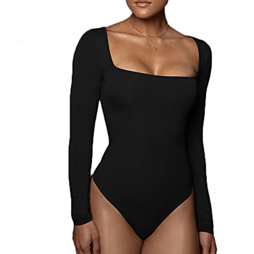 Buliezy Body Dame Langarm Bodysuits mit Elegant Slimming Jumpsuit Stringbody Dünnes Vlies Warm Unterhemden,Schwarz,L von Buliezy