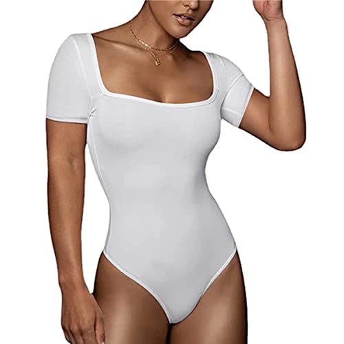 Buliezy Body Damen Kurzarmbody Bodysuit mit quadratischem Ausschnitt Slim Elegant Overall Jumpsuit Sexy Tops für Frauen,Weiß,XL von Buliezy