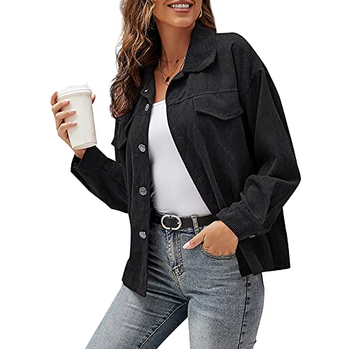 Buliezy Cordjacke Damen Hemdbluse Langarm Overshirt V-Ausschnitt Shirt Dünne Jacket Sneakershirt,Schwarz,XXL von Buliezy