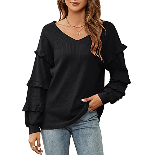 Buliezy Dame Sweatshirt Longshirt Waffel Pullover Bluse Beiläufig V-Ausschnitt Strickpullover Casual Loose Elegant Oberteile Tunika Tops,Schwarz,M von Buliezy