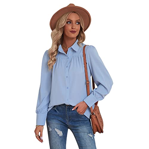 Buliezy Damen Bluse Langarm Shirt Hemd Elegant Oberteile Business Hemdbluse Classic Tops,Blau,XL von Buliezy