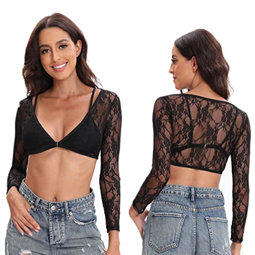 Damen Crop Top Durchsichtig Oberteil Mesh Bauchfrei Oberteil Tops Netzstoff Shirt Frauen Spitze Ärmel Sommer Tiefen V-Ausschnitt, Vorne Offen Elastisch Sexy Spitze Futter von Buliezy