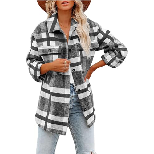 Buliezy Damen Hemdjacke Karierte Dicke Jacke Herbst Winter Shacket Mantel Warme Langarmshirt Bluse,schwarz-weiß XXL von Buliezy