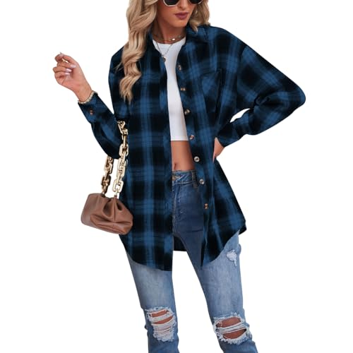 Buliezy Damen Karierte Bluse Oversized Hemdjack Langarmshirt Elegant Hemd Oberteile,Blau,L von Buliezy