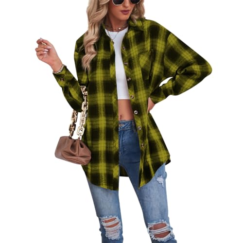 Buliezy Damen Karierte Bluse Oversized Hemdjack Langarmshirt Elegant Hemd Oberteile,Gelb,S von Buliezy