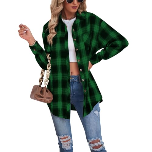 Buliezy Damen Karierte Bluse Oversized Hemdjack Langarmshirt Elegant Hemd Oberteile,Grün,M von Buliezy