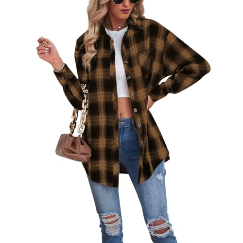 Buliezy Damen Karierte Bluse Oversized Hemdjack Langarmshirt Elegant Hemd Oberteile,Khaki,M von Buliezy