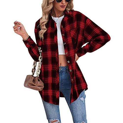 Buliezy Damen Karierte Bluse Oversized Hemdjack Langarmshirt Elegant Hemd Oberteile,Rot,L von Buliezy