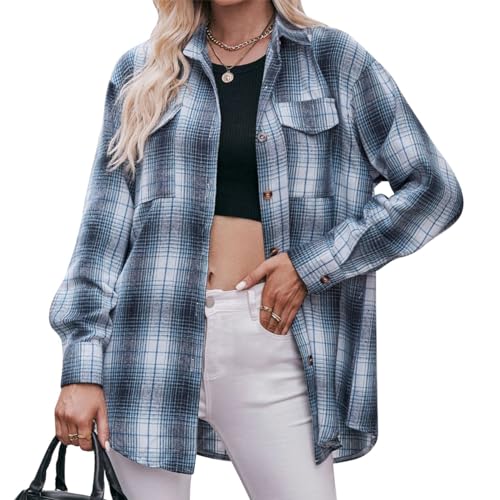 Buliezy Damen Kariertes Bluse Langärmeliges Hemd Karohemd Button-down Klassischer Holzfäller Hemdbluse Oberteile,Blau L von Buliezy