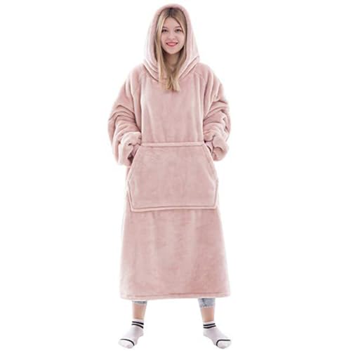 Buliezy Extra Lange Hoodie-Decke, Flanell Decken Hoodie, Oversize Kapuzenpullover Decke mit Kapuze, Taschen, Weich Wärme Decke Sweatshirt Geeignet Herren und Damen,Rosa von Buliezy