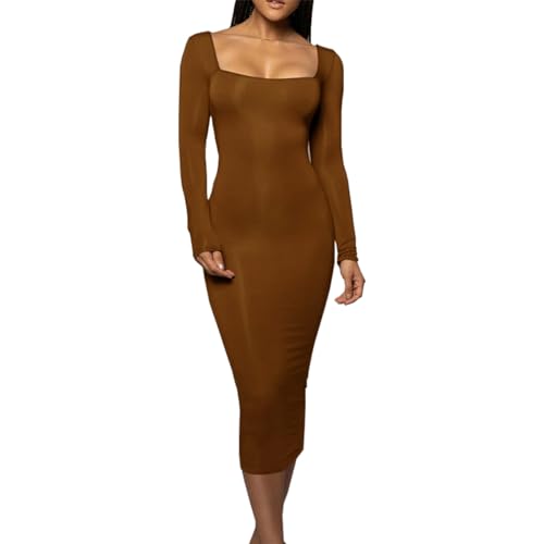 Buliezy Kleider Damen Elegant Langarm Figurbetontes Kleid Quadratischer Ausschnitt Lang Freizeitkleid Sexy Bodycon Partykleid,braun L von Buliezy