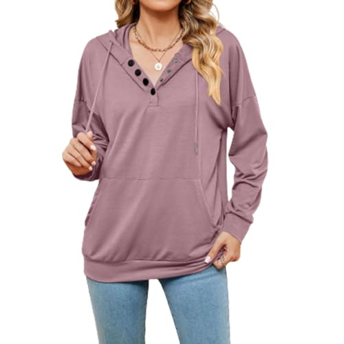 Buliezy Pullover Damen Hoodie Sweatshirt Knopfleiste Kapuzenpullover Langarm V-Ausschnitt Pullover mit Taschen Herbst Winter Casual Oberteil von Buliezy