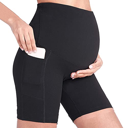 Buliezy Schwarze Umstands-Yoga-Shorts, hoch über Bump, Shapewear hohe Taille, Nahtlose Unterstützung, weiche aktive Schwangerschafts-Höschen mit Handy-Taschen L Schwarz von Buliezy