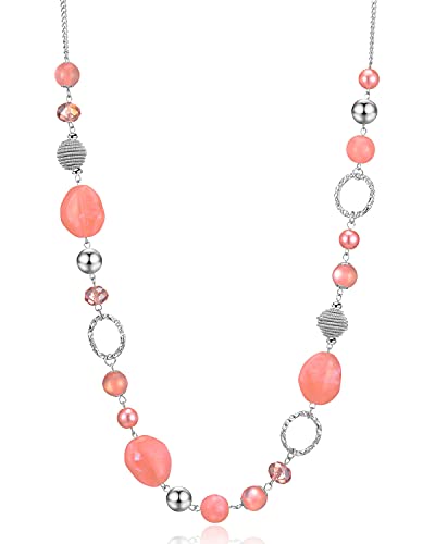 Bulinlin Damen Lange Perlenkette Statement Boho Silber Metallkette Hochzeitstag Modeschmuck Geschenke Pullover Halskette für Frauen (23-Pink) von Bulinlin