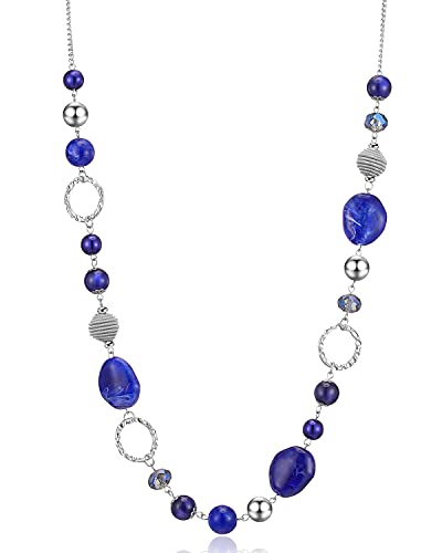Bulinlin Damen Lange Perlenkette Statement Boho Silber Metallkette Hochzeitstag Modeschmuck Geschenke Pullover Halskette für Frauen (23-Royal Blue) von Bulinlin