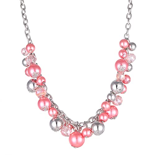 Bulinlin Damen Perlen Silber Kristall Boho Statement anhänger Halskette Modeschmuck Weihnachtsgeburtstagsgechenke für frauen (36-Plum Pink) von Bulinlin