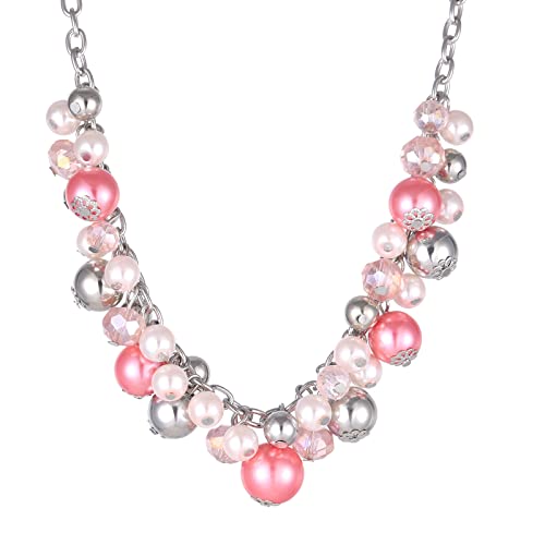 Bulinlin Damen Perlen Silber Kristall Boho Statement anhänger Halskette Modeschmuck Weihnachtsgeburtstagsgechenke für frauen (36-light pink) von Bulinlin