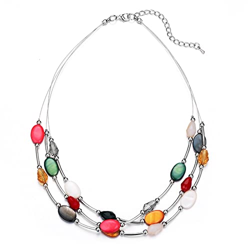 Bulinlin Damen Silber Perlenkette mit Kristall Statement Mehrreihige Boho Choker Halskette Modeschmuck Geburtstagsgeschenke für Frauen (13-Colorful) von Bulinlin