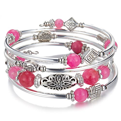 Bulinlin Damen Wickelarmband aus Natur Achat Stein Mehrschichtiges Perlen Silber Armkette Valentinstag Modeschmuck Geschenk（Hot pink） von Bulinlin