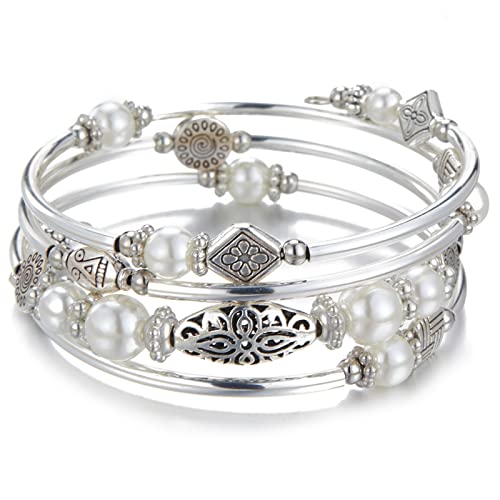 Bulinlin Damen Wickelarmband aus Natur Achat Stein Mehrschichtiges Perlen Silber Armkette Valentinstag Modeschmuck Geschenk（White pearl） von Bulinlin