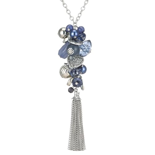 Bulinlin Silber Lange Kette Damen Mit Quasten Anhänger - Modeschmuck Lang Geburtstagsgeschenk für Frauen (Blue) von Bulinlin