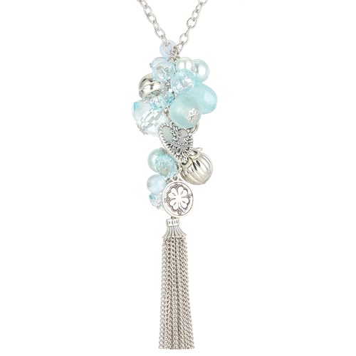 Bulinlin Silber Lange Kette Damen Silber Anhänger Kette mit Quasten Modeschmuck Kette Lang Geburtstagsgeschenk für Frauen(Light blue) von Bulinlin