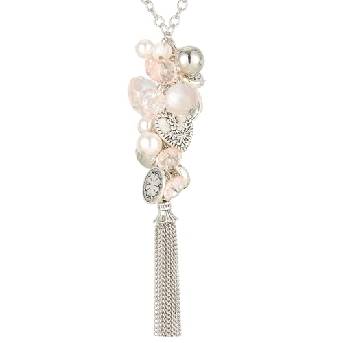 Bulinlin Silber Lange Kette Damen Silber Anhänger Kette mit Quasten Modeschmuck Kette Lang Geburtstagsgeschenk für Frauen(Light pink) von Bulinlin