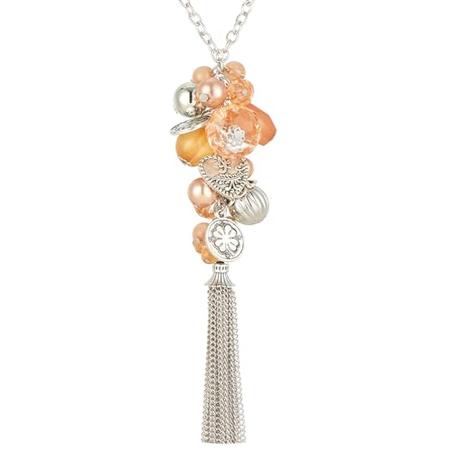 Bulinlin Silber Lange Kette Damen Silber Anhänger Kette mit Quasten Modeschmuck Kette Lang Geburtstagsgeschenk für Frauen(Orange) von Bulinlin
