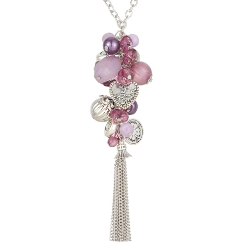 Bulinlin Silber Kette mit Anhänger und Quasten - Modeschmuck für Damen - Langes Geburtstagsgeschenk für Frauen (Purple) von Bulinlin