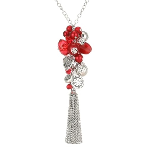 Bulinlin Silber Lange Kette Damen Anhänger Mit Quasten - Modeschmuck Lang Geburtstagsgeschenk für Frauen (Red) von Bulinlin
