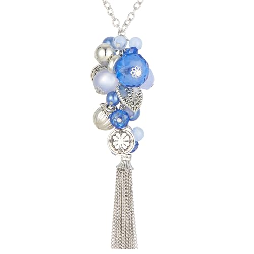 Bulinlin Silber Lange Kette Damen Silber Anhänger Kette mit Quasten Modeschmuck Kette Lang Geburtstagsgeschenk für Frauen(Sapphire) von Bulinlin