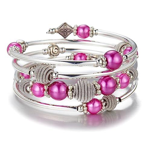 Bulinlin Silber Wickelarmband mit Naturstein Perlen Boho Mehrschichtiges Damen Armbänder Geburtstags Modegeschenk für Frauen (Fuchsie) von Bulinlin