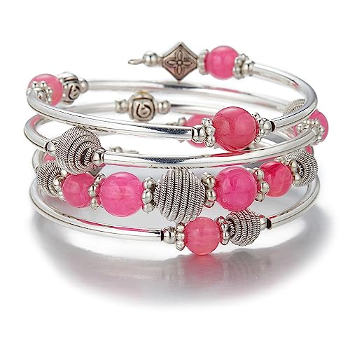 Bulinlin Silber Wickelarmband mit Naturstein Perlen Boho Mehrschichtiges Damen Armbänder Geburtstags Modegeschenk für Frauen (Hellrosa) von Bulinlin