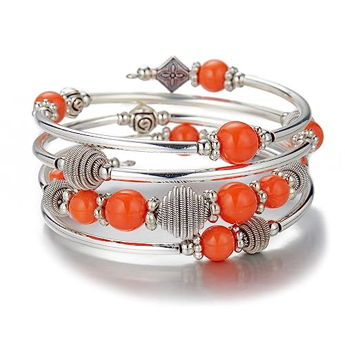 Bulinlin Silber Wickelarmband mit Naturstein Perlen Boho Mehrschichtiges Damen Armbänder Geburtstags Modegeschenk für Frauen (Orange) von Bulinlin