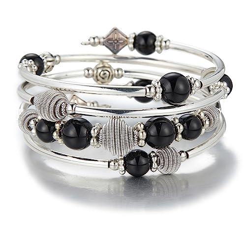 Bulinlin Silber Wickelarmband mit Naturstein Perlen Boho Mehrschichtiges Damen Armbänder Geburtstags Modegeschenk für Frauen (Schwarz) von Bulinlin