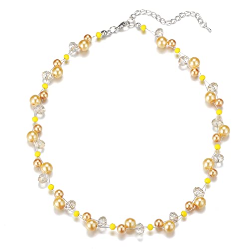 Bulinlin Damen Kristall Perlenkette Silber Boho Statement Choker Halskette für Frauen Modeschmuck Geburtstagsgeschenke（Yellow） von Bulinlin